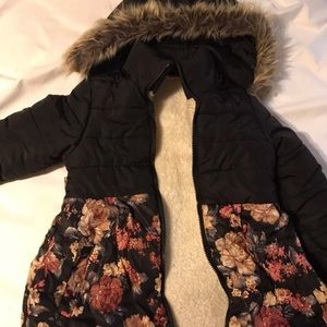 Girls black floral Sherpa lined winter coat